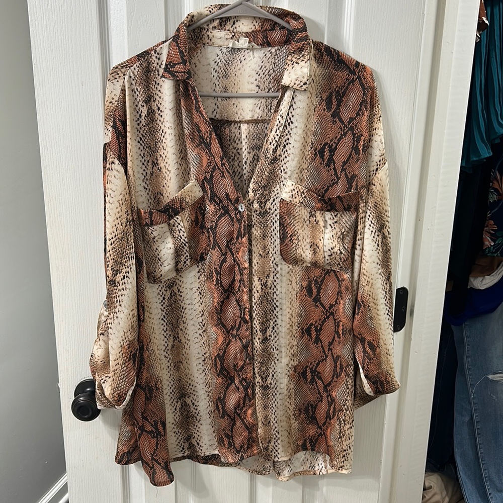 Sheer Snake Print Button Down Blouse